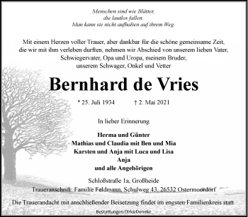 Traueranzeige von Bernhard de Vries 