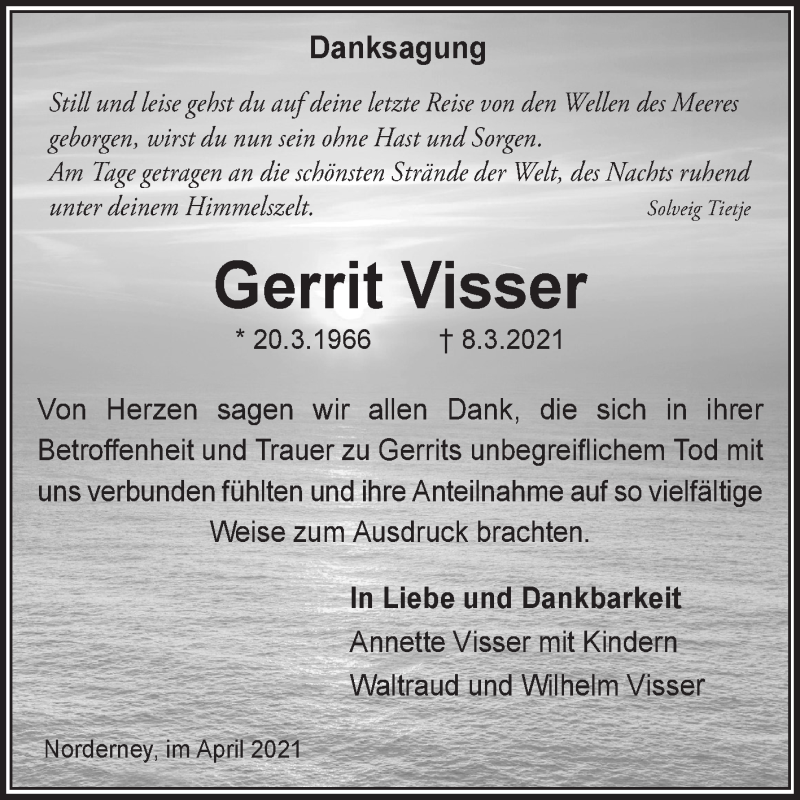  Traueranzeige für Gerrit Visser vom 04.05.2021 aus 