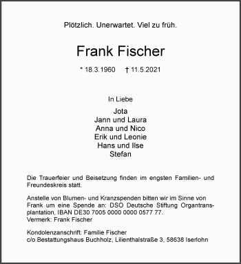 Traueranzeige von Frank Fischer 
