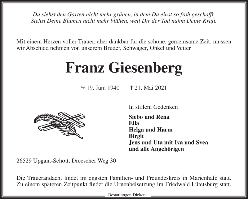  Traueranzeige für Franz Giesenberg vom 26.05.2021 aus 