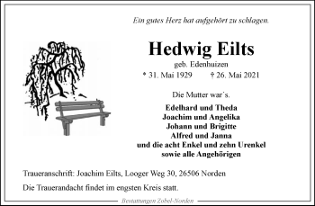 Traueranzeige von Hedwig Eilts 