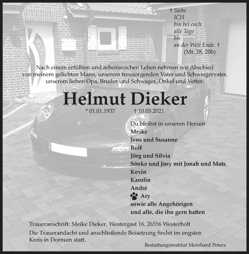  Traueranzeige für Helmut Dieker vom 15.05.2021 aus 