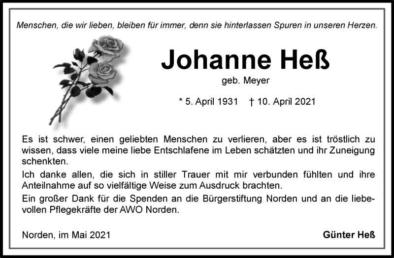  Traueranzeige für Johanne Heß vom 15.05.2021 aus 