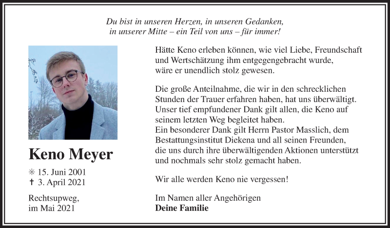  Traueranzeige für Keno Meyer vom 15.05.2021 aus 