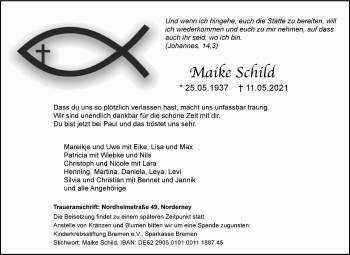 Traueranzeige von Maike Schild 