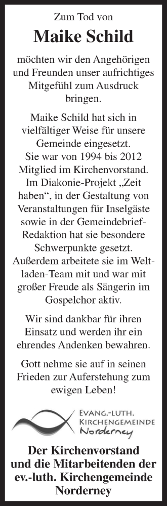 Traueranzeige von Maike Schild 