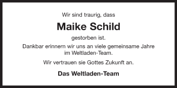 Traueranzeige von Maike Schild 