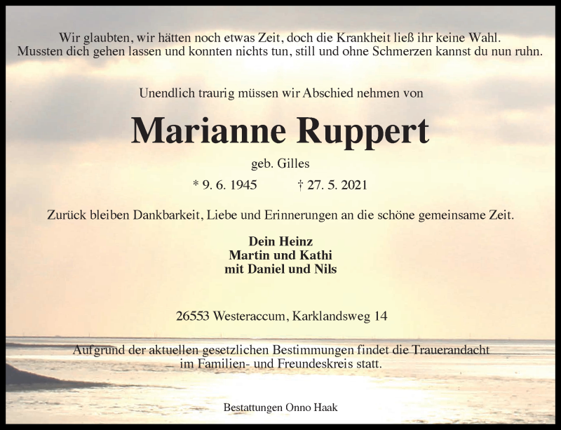  Traueranzeige für Marianne Ruppert vom 29.05.2021 aus 
