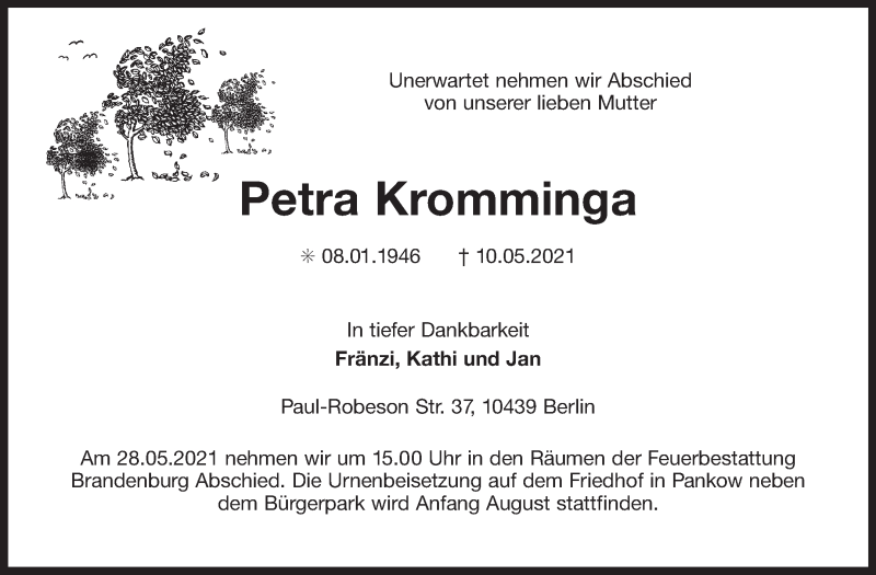  Traueranzeige für Petra Kromminga vom 18.05.2021 aus 
