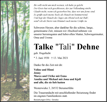 Traueranzeige von Talke Dehne 