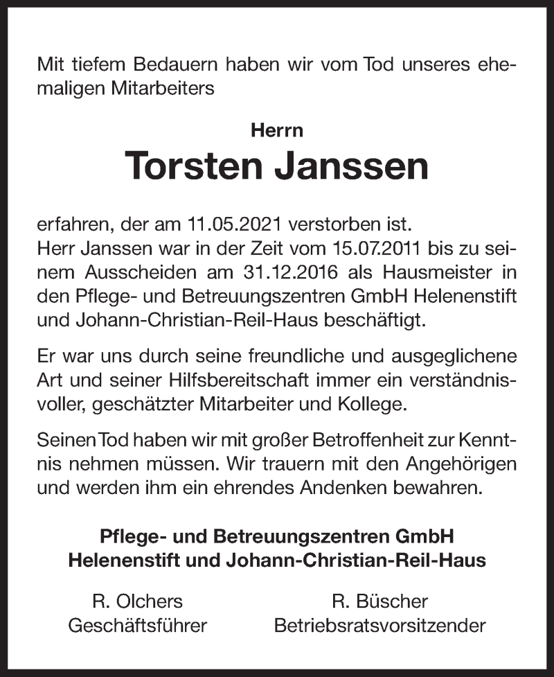  Traueranzeige für Torsten Janssen vom 19.05.2021 aus 