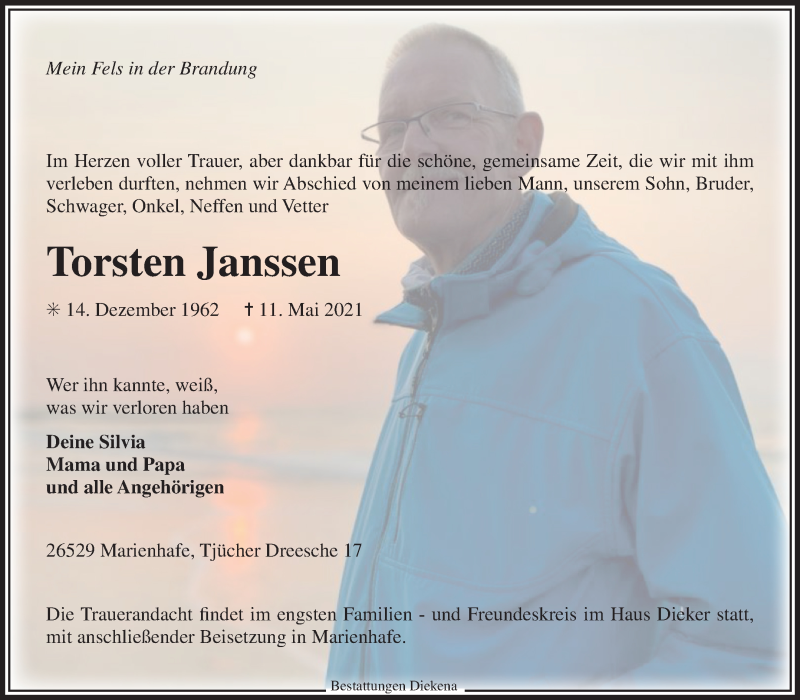  Traueranzeige für Torsten Janssen vom 12.05.2021 aus 