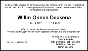 Traueranzeige von Willm Onnen Deckena 
