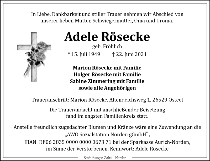  Traueranzeige für Adele Rösecke vom 26.06.2021 aus 