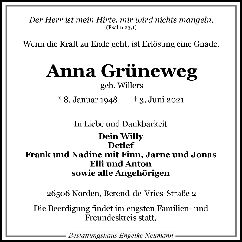  Traueranzeige für Anna Grüneweg vom 05.06.2021 aus 
