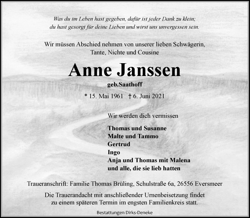  Traueranzeige für Anne Janssen vom 09.06.2021 aus 