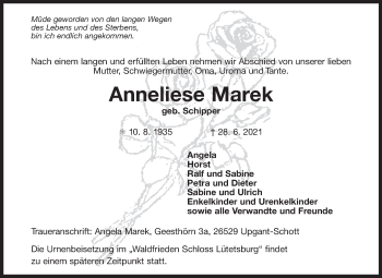 Traueranzeige von Anneliese Marek 