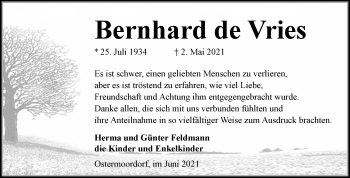 Traueranzeige von Bernhard de Vries 