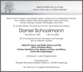 Traueranzeige von Daniel Schoolmann 