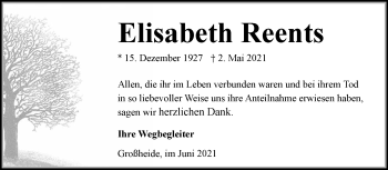 Traueranzeige von Elisabeth Reents 