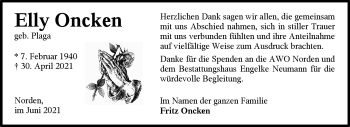 Traueranzeige von Elly Oncken 