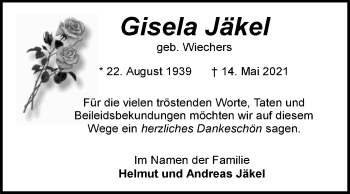 Traueranzeige von Gisela Jäkel 