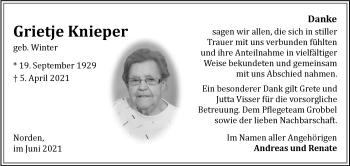 Traueranzeige von Grietje Knieper 