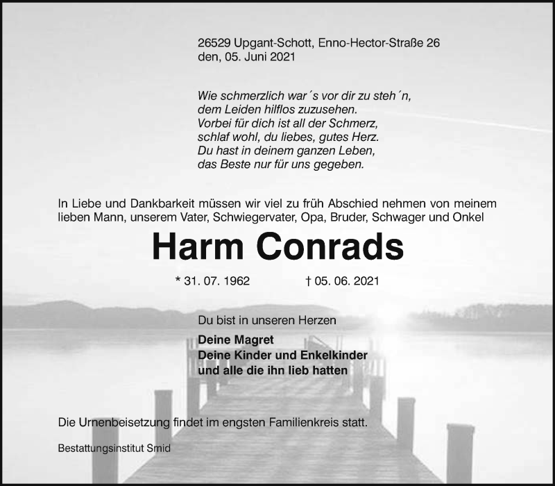  Traueranzeige für Harm Conrads vom 08.06.2021 aus 