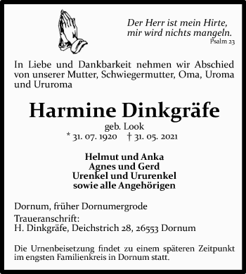 Traueranzeige von Harmine Dinkgräfe 