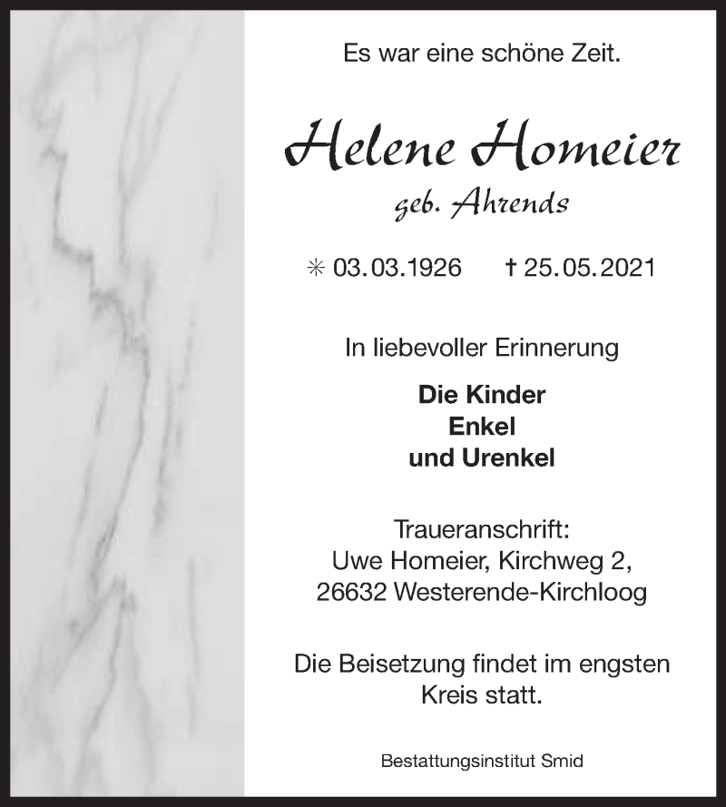  Traueranzeige für Helene Homeier vom 01.06.2021 aus 