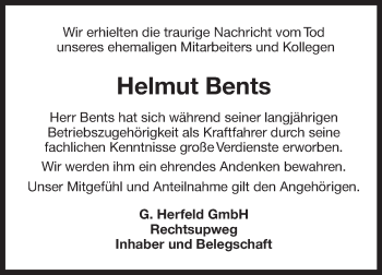 Traueranzeige von Helmut Bents 