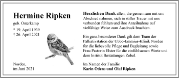 Traueranzeige von Hermine Ripken 