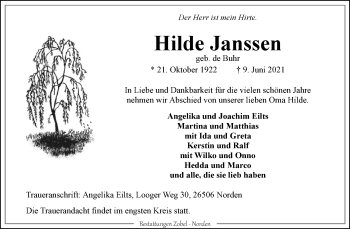 Traueranzeige von Hilde Janssen 