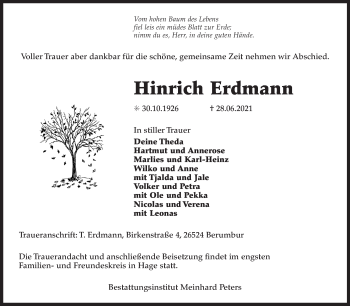 Traueranzeige von Hinrich Erdmann 
