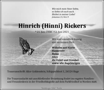 Traueranzeige von Hinrich Rickers 