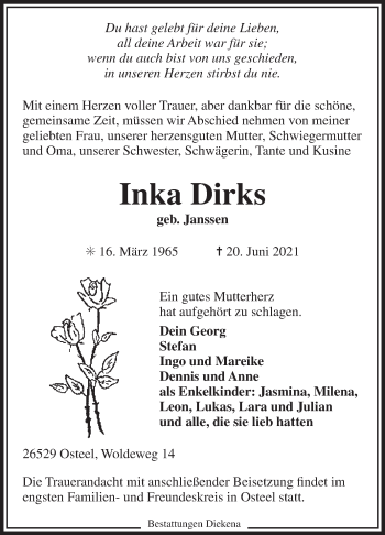 Traueranzeige von Inka Dirks 
