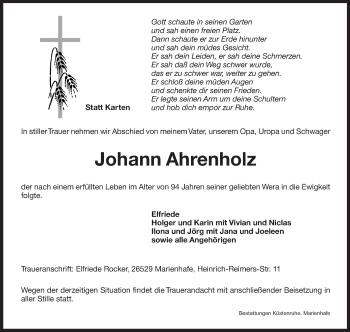 Traueranzeige von Johann Ahrenholz 