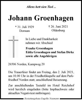 Traueranzeige von Johann Groenhagen 