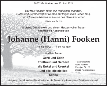 Traueranzeige von Johanne Fooken 