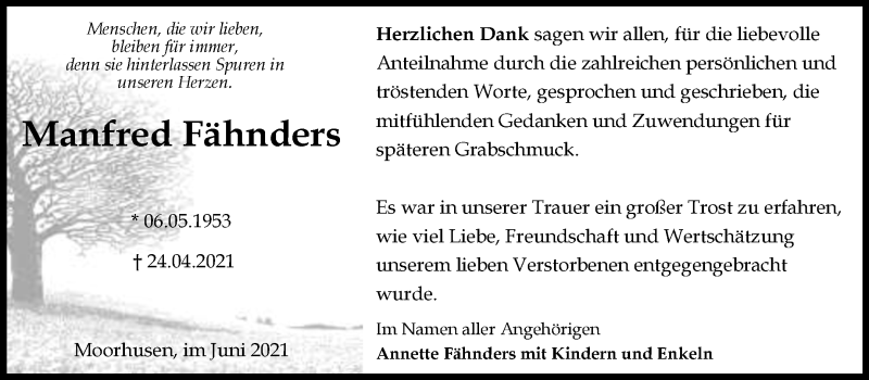  Traueranzeige für Manfred Fähnders vom 05.06.2021 aus 