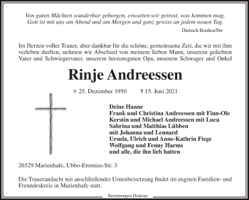 Traueranzeige von Rinje Andreessen 