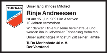 Traueranzeige von Rinje Andreessen 