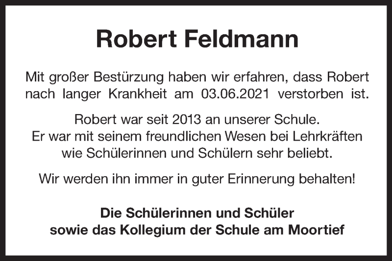  Traueranzeige für Robert Feldmann vom 10.06.2021 aus 