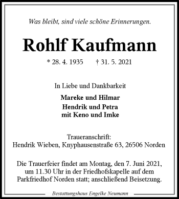 Traueranzeige von Rohlf Kaufmann 