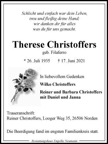 Traueranzeige von Therese Christoffers 