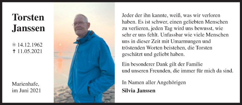  Traueranzeige für Torsten Janssen vom 19.06.2021 aus 