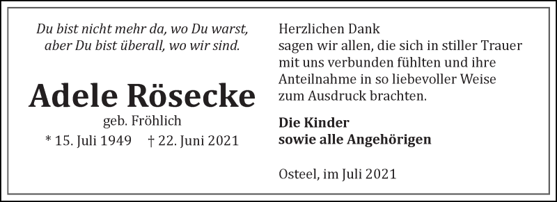  Traueranzeige für Adele Rösecke vom 24.07.2021 aus 