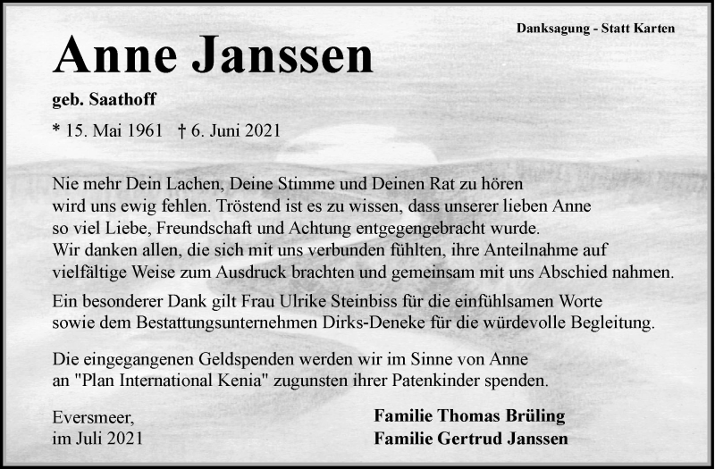  Traueranzeige für Anne Janssen vom 10.07.2021 aus 