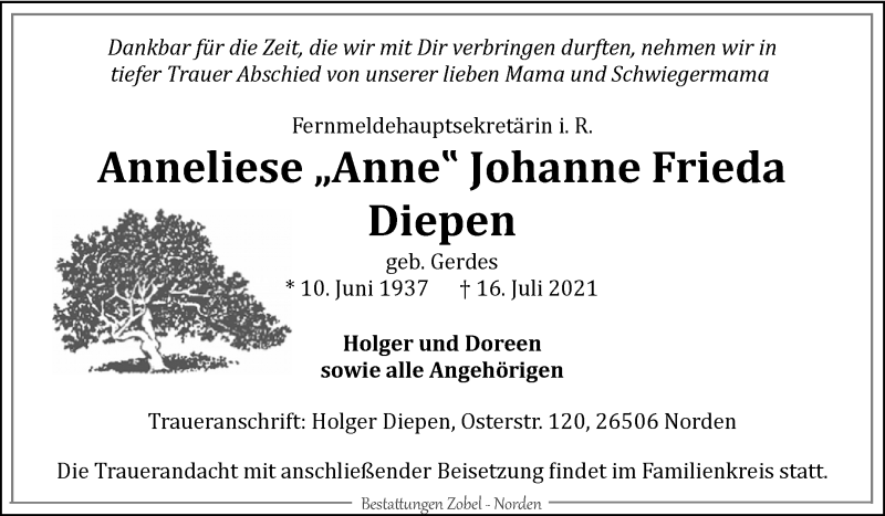  Traueranzeige für Anneliese Johanne Frieda Diepen vom 21.07.2021 aus 