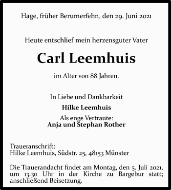 Traueranzeige von Carl Leemhuis 